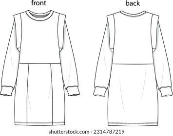 
crew neck long sleeve winter  jersey dress template drawing,sleeve detailed dress drawing