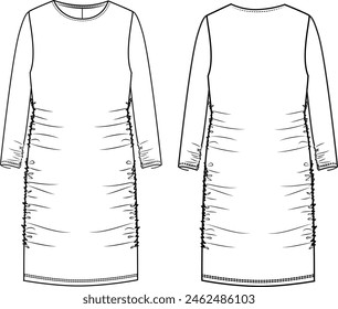 crew neck, long sleeves, gathered short dress