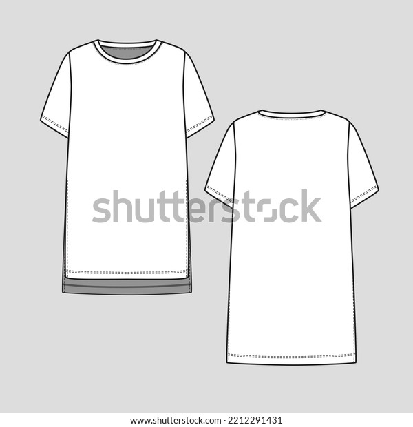 Crew Neck Long slit t\
shirt dress Short Sleeve High low dip hem fashion cad drawing  flat\
sketch template