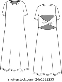 crew neck, low-cut back, long dress with short sleeves