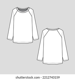 Crew Neck Raglan T shirt long sleeve regular basic fashion top cad flat sketch technical drawing template