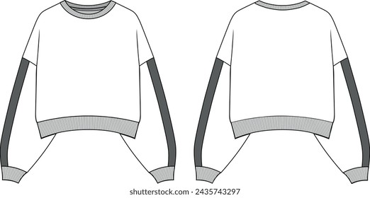 
crew neck, ribbed cuffs, panels on the sleeves, crop, unisex sweatshirt cad drawing, front and back flat template