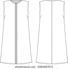 crew neck round neck sleeveless darted zippered short knee length tent dress template technical drawing flat sketch cad mockup fashion woman design style model 