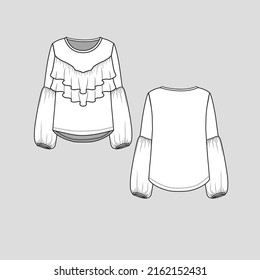 Crew Neck Ruffles Lantern Sleeve top high low hem gatherings detail layered Ruffles Fashion clothing outline flat sketch technical drawing template design