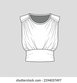 Crew neck sleeveless drape  top shoulder waist panel hem  fashion flat sketch template drawing