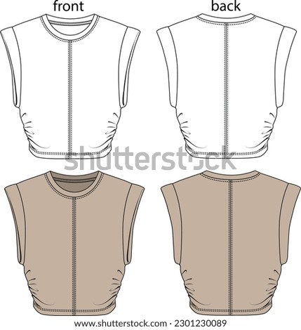 Crew neck sleeveless front seam detail, shoulder detail, women's knitted top drawing, front and back colored template, white template, tshirt mock up, tshirt CAD