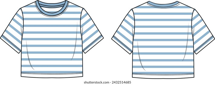 Crew neck striped patterned unisex crop t-shirt mockup, basic t-shirt CAD, marine clothing, blue striped nautical tshirt