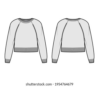 Crew neck Sweater cropped technical fashion illustration with long raglan sleeves, relax fit, waist length, knit rib trim. Flat jumper apparel front, back grey color style. Women men unisex CAD mockup