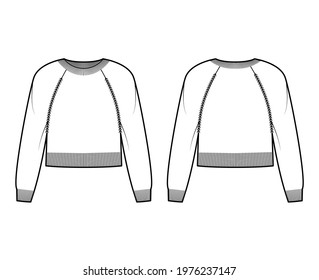 Crew neck Sweater cropped technical fashion illustration with long raglan sleeves, relax fit, waist length, knit rib trim. Flat jumper apparel front, back, white color style. Women, men unisex mockup