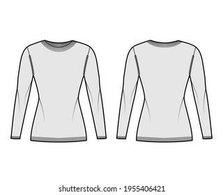 Crew neck Sweater technical fashion illustration with long sleeves, slim fit, hip length, knit rib trim. Flat jumper apparel front, back, grey color style. Women, men unisex CAD mockup