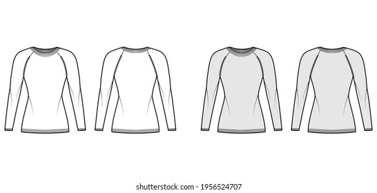 Crew neck Sweater technical fashion illustration with raglan long sleeves, slim fit, hip length, knit rib trim. Flat jumper apparel front, back, white grey color style. Women, men unisex CAD mockup