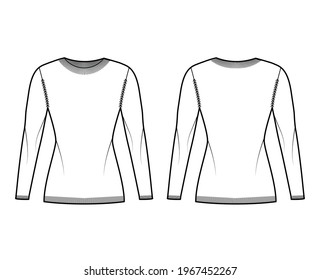 Crew neck Sweater technical fashion illustration with long sleeves, slim fit, hip length, knit rib trim. Flat jumper apparel front, back, white color style. Women, men unisex CAD mockup