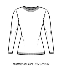 Crew neck Sweater technical fashion illustration with long sleeves, slim fit, hip length, knit rib trim. Flat jumper apparel front, white color style. Women, men unisex CAD mockup