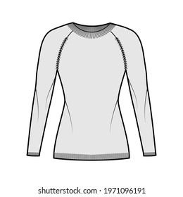 Crew neck Sweater technical fashion illustration with raglan long sleeves, slim fit, hip length, knit rib trim. Flat jumper apparel front, grey color style. Women, men unisex CAD mockup