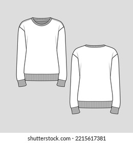 Crew Neck Sweatshirt top drop shoulder Long Sleeve Ribbed hem cuffs winter fashion Flat Sketch Drawing design Template