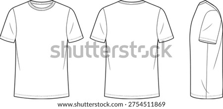 Crew neck t shirt front back and side view technical template, short sleeve apparel CAD drawing flat vector illustration