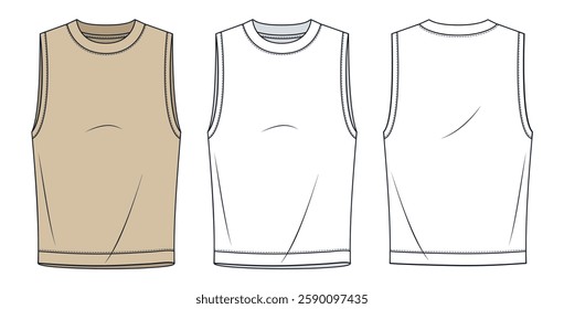 Crew Neck Tank Top technical fashion illustration. Unisex Sleeveless Top fashion flat technical drawing template, front and back view, white, beige, women, men, unisex Top CAD mockup set.