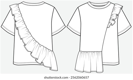 CREW NECK TEE WITH ASYMMETRIC LAYERED FRILL DESIGNED FOR YOUNG WOMEN AND TEEN GIRLS IN VECTOR FILE