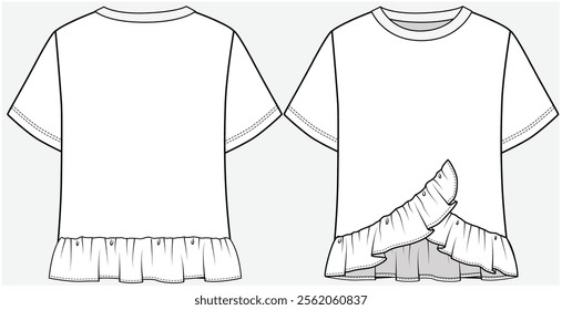 CREW NECK TEE WITH ASYMMETRIC LAYERED FRILL DESIGNED FOR YOUNG WOMEN AND TEEN GIRLS IN VECTOR FILE