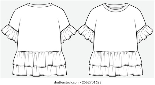 CREW NECK TEE WITH ASYMMETRIC LAYERED FRILL DESIGNED FOR YOUNG WOMEN AND TEEN GIRLS IN VECTOR FILE