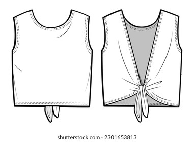 Crew Neck Tie Back Sleeveless Top  Front and Back View. Fashion Illustration, Vector, CAD, Technical Drawing, Flat Drawing, Template, Mockup.