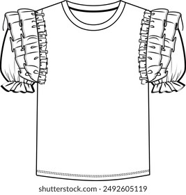 crew neck t-shirt with gathered sleeves and ruffles