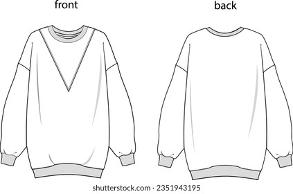 Crew neck V cut detailed unisex oversize sweatshirt front and back drawing