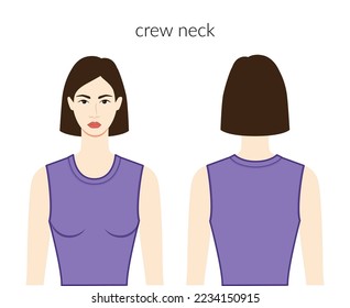 Crew neckline clothes knits, sweaters character beautiful lady in violet top, shirt, dress technical fashion illustration fitted. Flat apparel template front, back sides. Women, men unisex CAD mockup