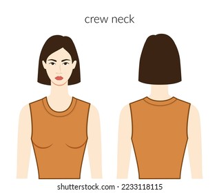 Crew neckline knits, sweaters clothes character beautiful lady in ochre top, shirt, dress technical fashion illustration fitted. Flat apparel template front, back sides. Women, men unisex CAD mockup