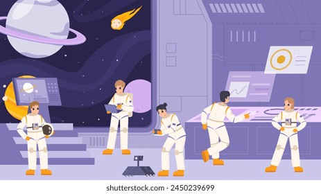 Tripulación en nave espacial. Astronautas en trajes espaciales y piloto. Viajeros interestelares, equipo de exploraciones espaciales con ingeniero. Escena de Vector de dibujos animados coloridos