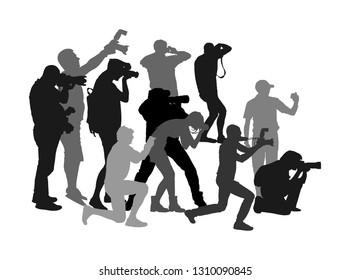 Crew of photographer with camera vector silhouette. Paparazzi shooting movie star event. Photo reporter on duty. Sport photography. Journalist work for breaking news. Wedding fashion photographer. 