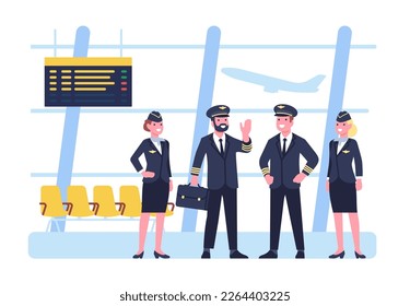 Crew pilots and stewardesses stand in airport building. Airplane captain and attendants in waiting hall. Airline staff. Professional employees. Men or women in uniform