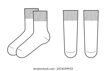 Crew Socks Längeneinstellung. Mode Strumpfwaren Accessoire Bekleidung technische Illustration Strumpf. Vektorgrafik vorne, Seitenansicht für Herren, Damen, Unisex-Stil, flache Vorlage CAD Mockup Skizze isoliert