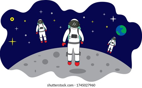 
The Crew of Three Astronauts in Outerwear Stand on the Moon Seeing the Milky Way Galaxy. suitable for wallpaper, background, t-shirt design, digital printing etc.