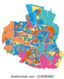 Crewe, North West England, England colorful high resolution vector art map with city boundaries. White outlines for main roads. Many details. Blue shapes for water. 