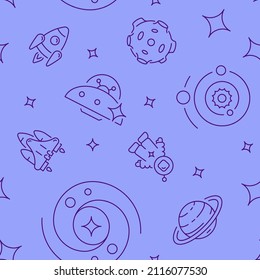 Crewed spaceflight abstract seamless pattern. Vector shapes on purple background. Trendy texture with cartoon color icons. Design with graphic elements for interior, fabric, website decoration