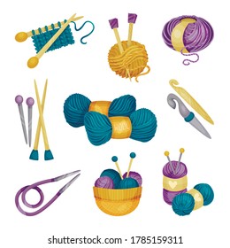 Kreuz- oder Wollbälle und Nadeln zum Knittern oder Knittern als Vektorset für Nadelarbeit