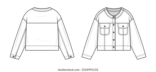 Crewneck Jacket technical fashion illustration. Crewneck Jacket vector template illustration. front and back view. Front pocket, drop shoulder. Womenswear, white color. CAD mockup.