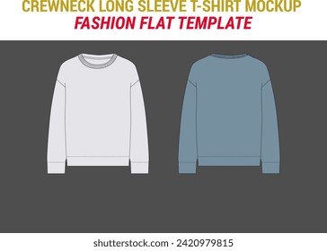 Crewneck Long Sleeve T-Shirt Vector Mockup T-shirt Long Sleeve Fashion Illustration Crew Neck Tee Shirt Vector Mockup Flats CAD Mockup