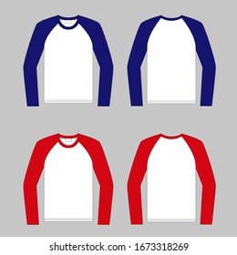 Crew-neck raglan t-shirt. Clothing for women and men. Set of color unisex long sleeve t-shirts. Rear and front view. Basic clothes in casual style. Vector illustration