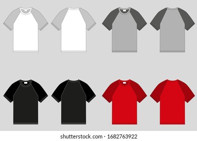 Crew-neck raglan t-shirt. Clothing for women and men. Set of colored unisex short sleeve t-shirts. Rear and front view. Basic clothes in casual style. Vector illustration.