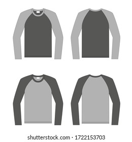 Camiseta de raglan de cuello de tripulación. Ropa para mujeres y hombres. Juego de camisetas de manga larga de color unisex. Vista trasera y delantera. Ropa básica de estilo informal. Ilustración del vector