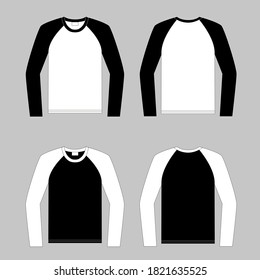 Crew-neck raglan t-shirt. Clothing for women and men. Set of color unisex long sleeve t-shirts. Rear and front view. Basic clothes in casual style. Vector illustration