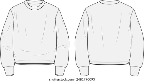 Crewneck Sweater Fashion Illustration Mock-up Template for Design and Tech Packs Front and Back Views