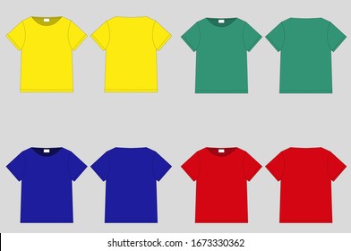 Crew-neck t-shirt. Clothing for women and men. Set of colored unisex short sleeve t-shirts. Rear and front view. Basic clothes in casual style. Vector illustration.