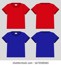 Crew-neck t-shirt. Clothing for women and men. Set of colored unisex short sleeve t-shirts. Rear and front view. Basic clothes in casual style. Vector illustration.