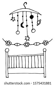 Crib, and accessories vector illustration of newborn baby crib children isolated on white Hand drawn