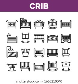 Crib Baby Infant Bed Collection Icons Set Vector. Wooden Crib With Hanging Toys, Heart Shape Mark, Comfortable Mattress For Newborn Child Concept Linear Pictograms. Monochrome Contour Illustrations