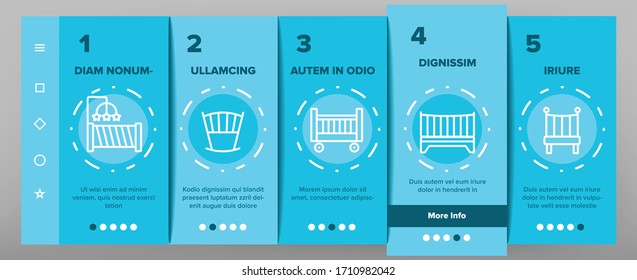 Crib Baby Infant Bed Onboarding Icons Set Vector. Wooden Crib With Hanging Toys, Heart Shape Mark, Comfortable Mattress For Newborn Child Illustrations
