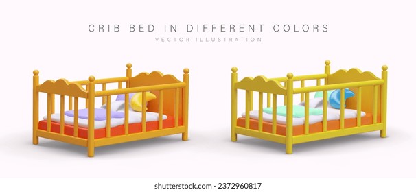 Crib bed. Baby cot in different colors. Set of vector images. Cute bed accessories. Time to sleep. Isolated color illustration on white background. Icons for children furniture store